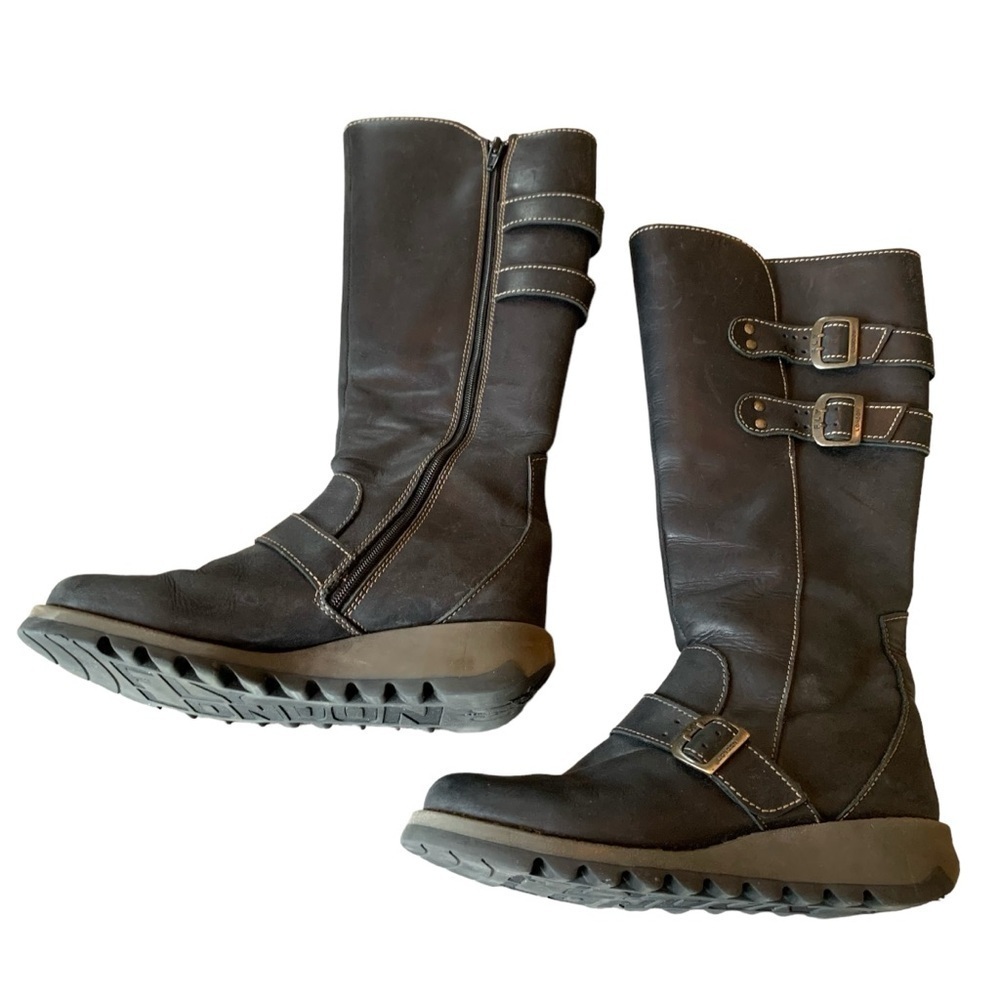 Fly London US 6.5-7 / EU 37 Solv Black Leather Mid Calf Wedge Boot Buckle Riding